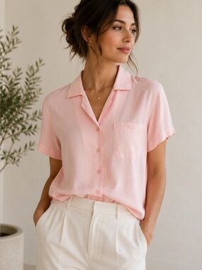 Field Manor 100% Silk Pink Short Sleeve Button Front Blouse Shirt Size 6 Vintage